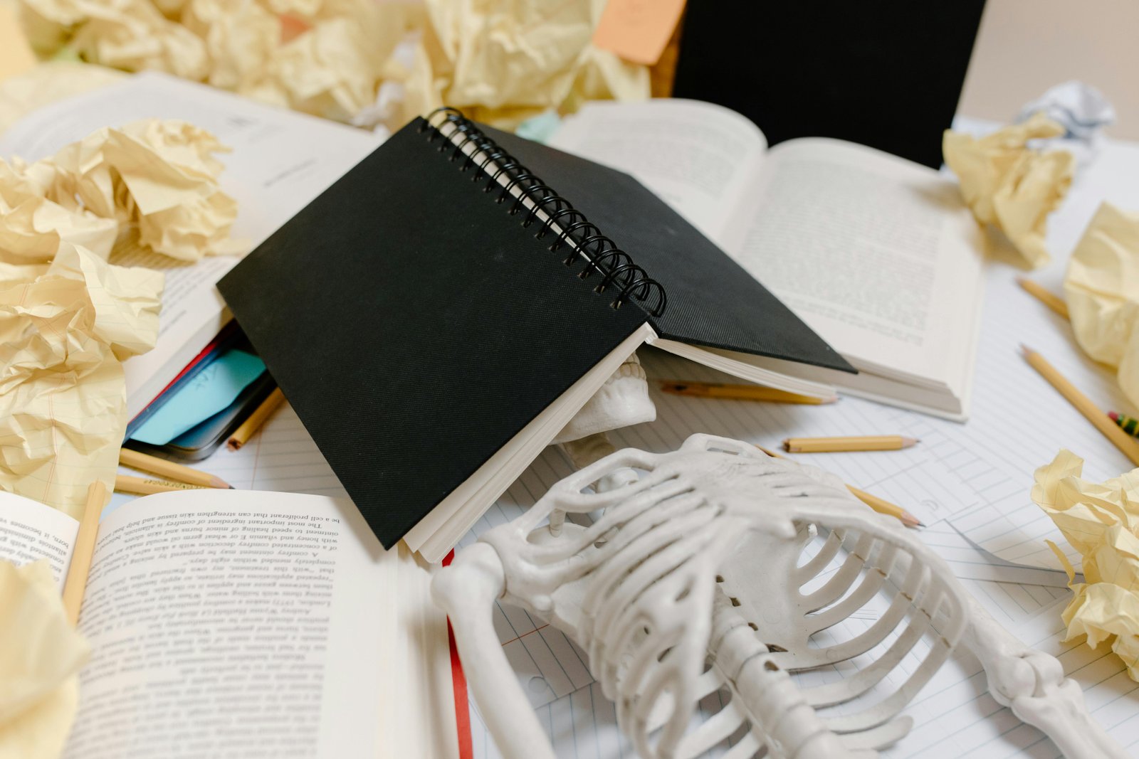 Squelette épuisé avec livre dans la face
